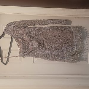 Custom lace and sequin cold shoulder dress in silver/gray